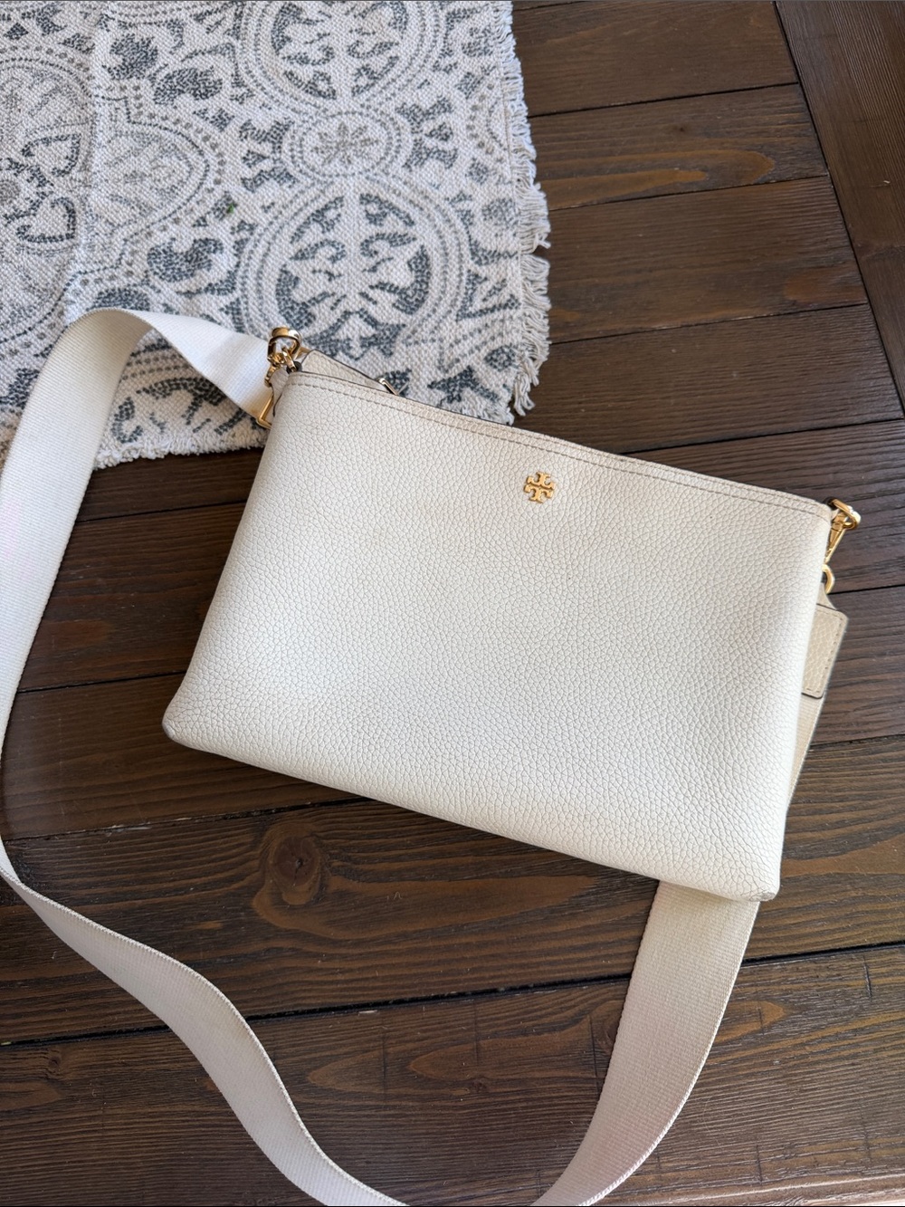 Tory Burch Ivory Pebbled Leather Crossbody with Gold Hardware
